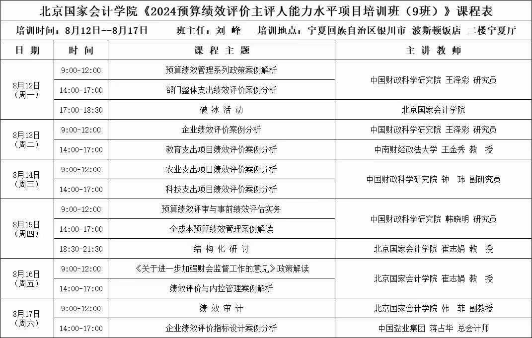 预算绩效评价主评人(2024.9班)面授通知银川班